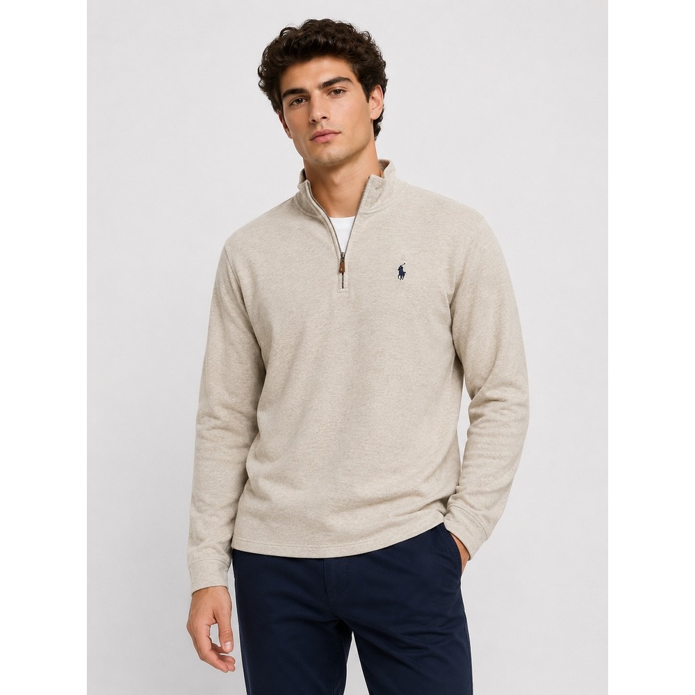 Polo Ralph Lauren Mens XL Quarter Zip Pullover Sweater Beige Heather Pony Logo - Picture 1 of 9